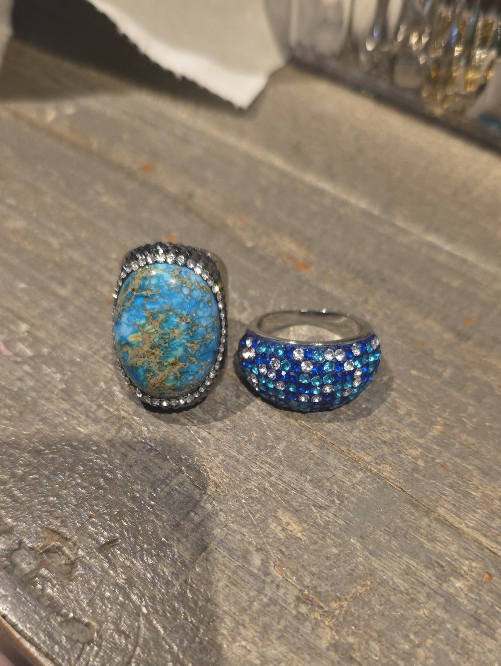 Blue Turquoise Statement Ring with Blue Crystal Dome -size 9
